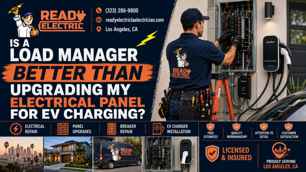 Ready Electric blog image comparing a load manager and electrical panel upgrade for EV charging