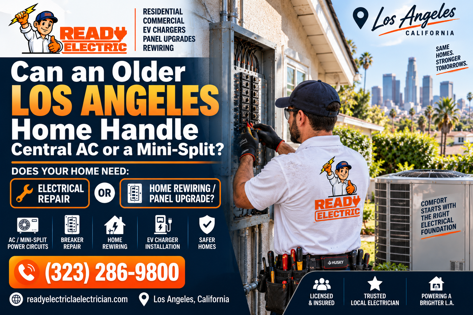 Older Los Angeles home electrical panel check for central AC or mini split installation
