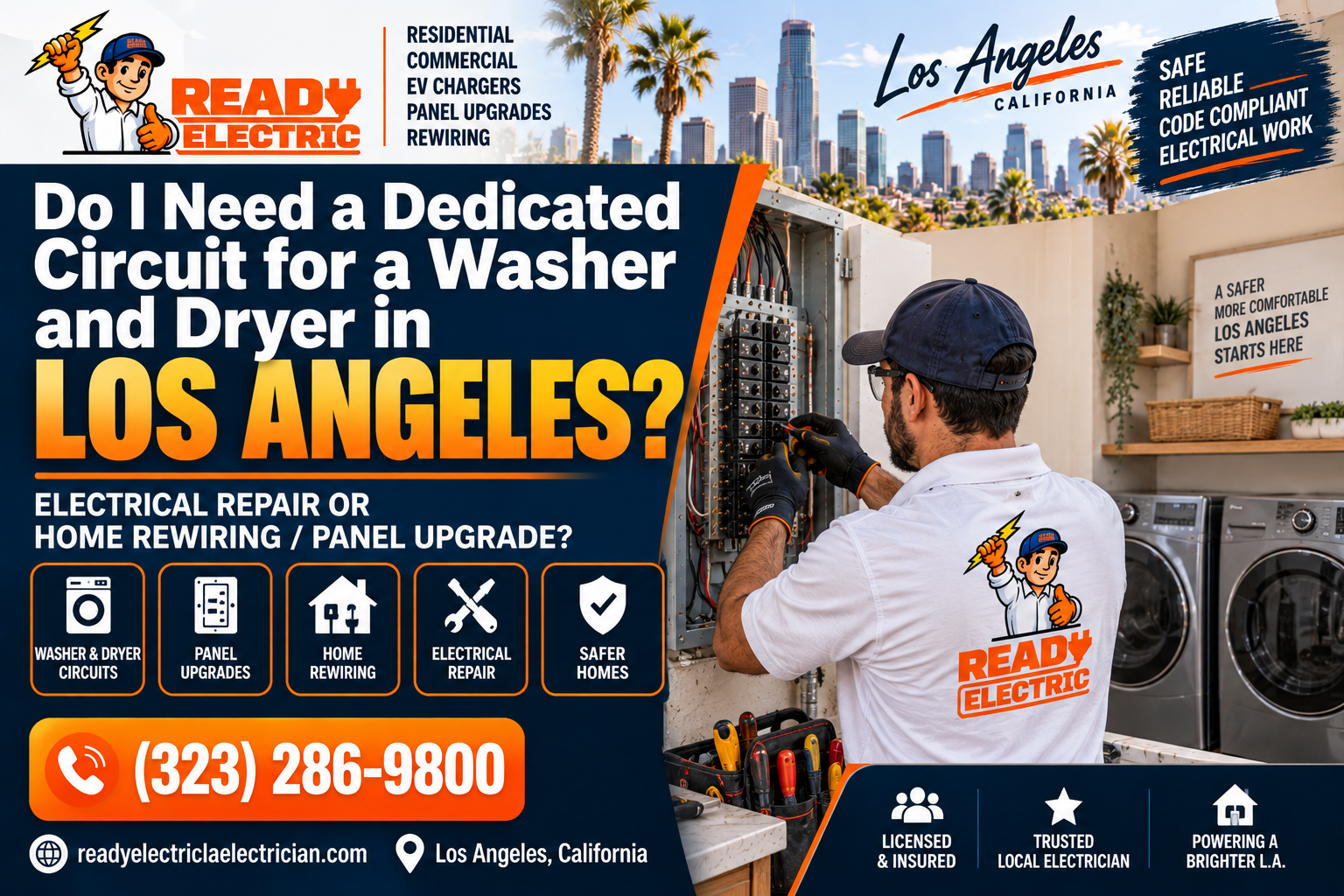Dedicated circuit for washer and dryer in a Los Angeles laundry room with Ready Electric