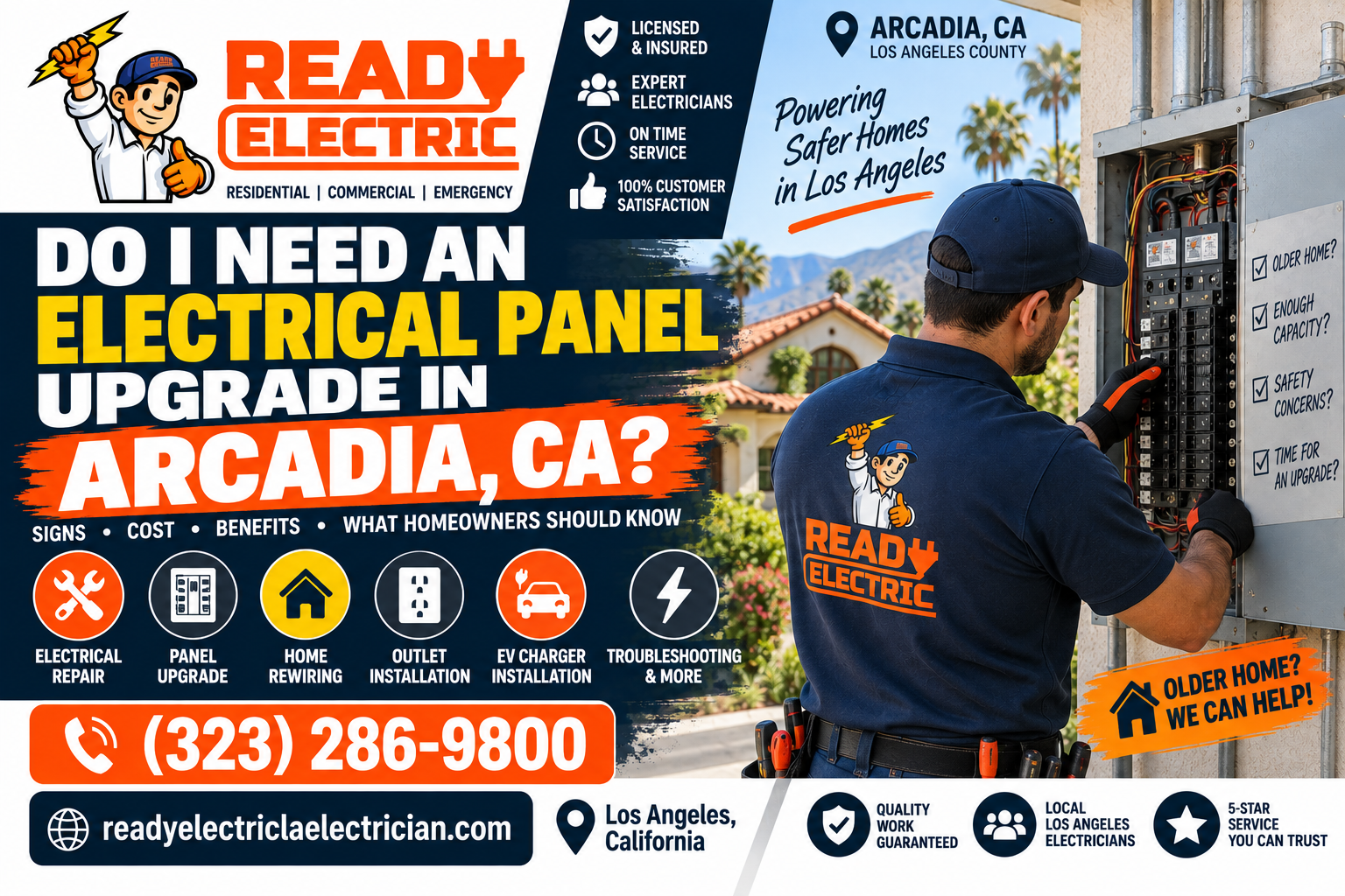 Ready Electric guide explaining when an electrical panel upgrade is needed in Arcadia CA