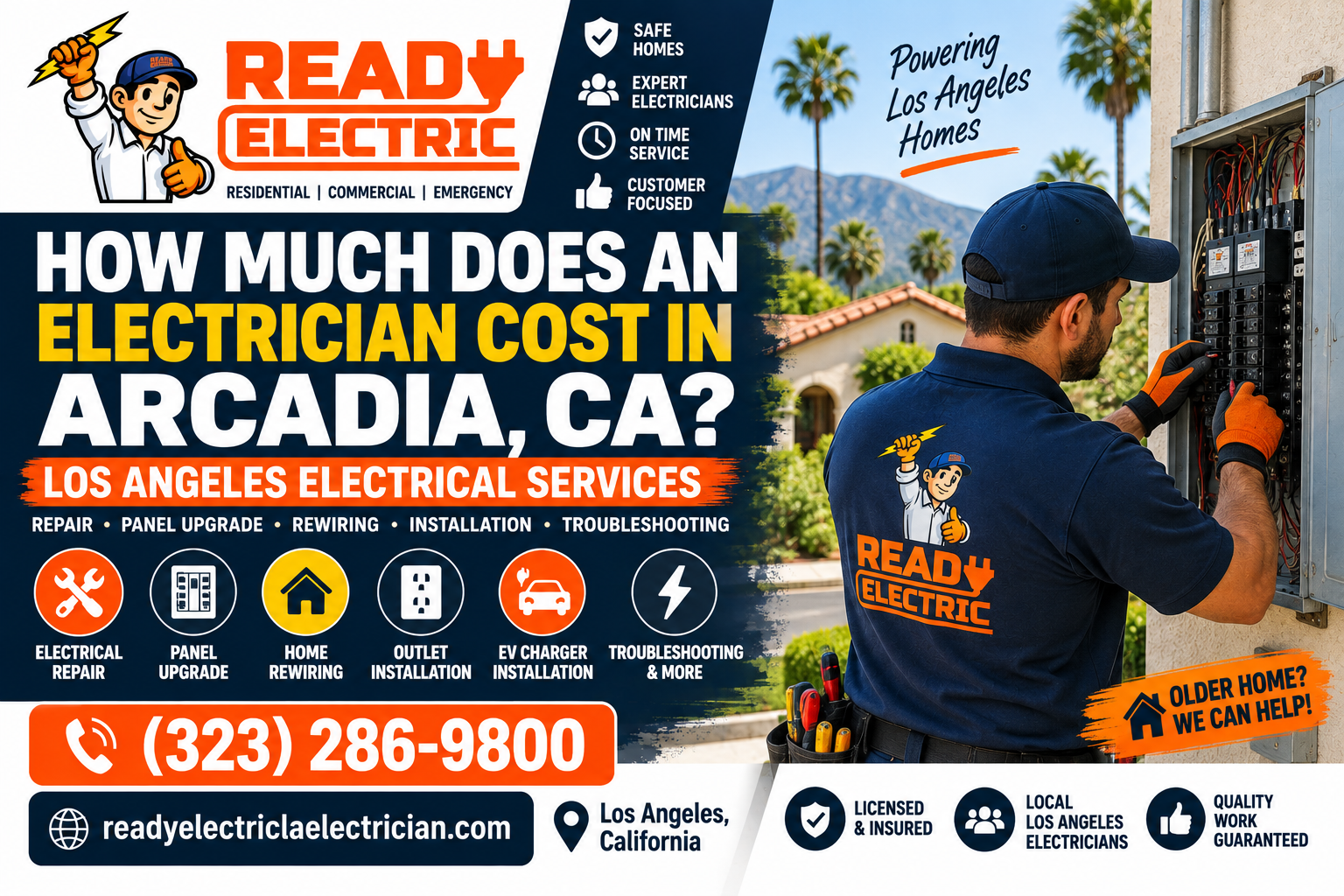 Ready Electric guide explaining electrician cost in Arcadia CA for residential electrical work