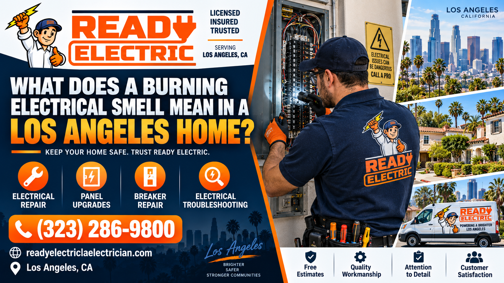 Burning electrical smell in a Los Angeles home with Ready Electric inspecting wiring and breaker panel